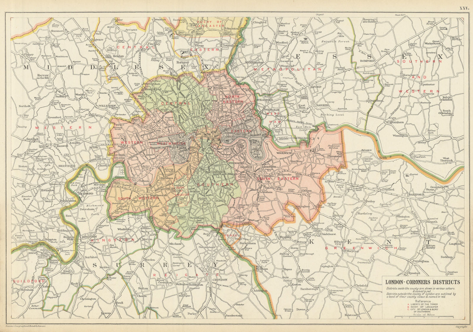 LONDON CORONERS DISTRICTS. Vintage map. BACON 1913 old antique plan chart